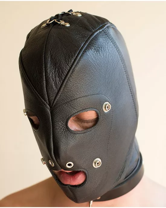 Premium Leather Hood with Gag &Blindfold