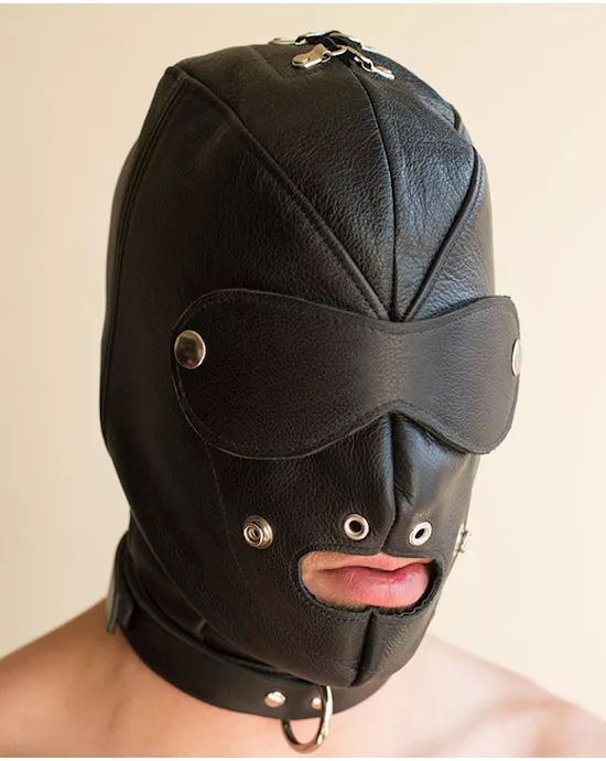 Premium Leather Hood with Gag &Blindfold L