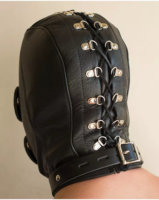 Premium Leather Hood with Gag &Blindfold L