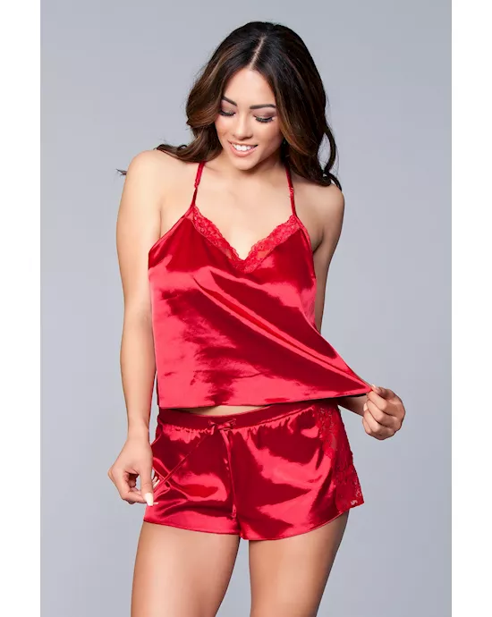 Two-Piece Relaxed Fit Satin Cami and Short Set